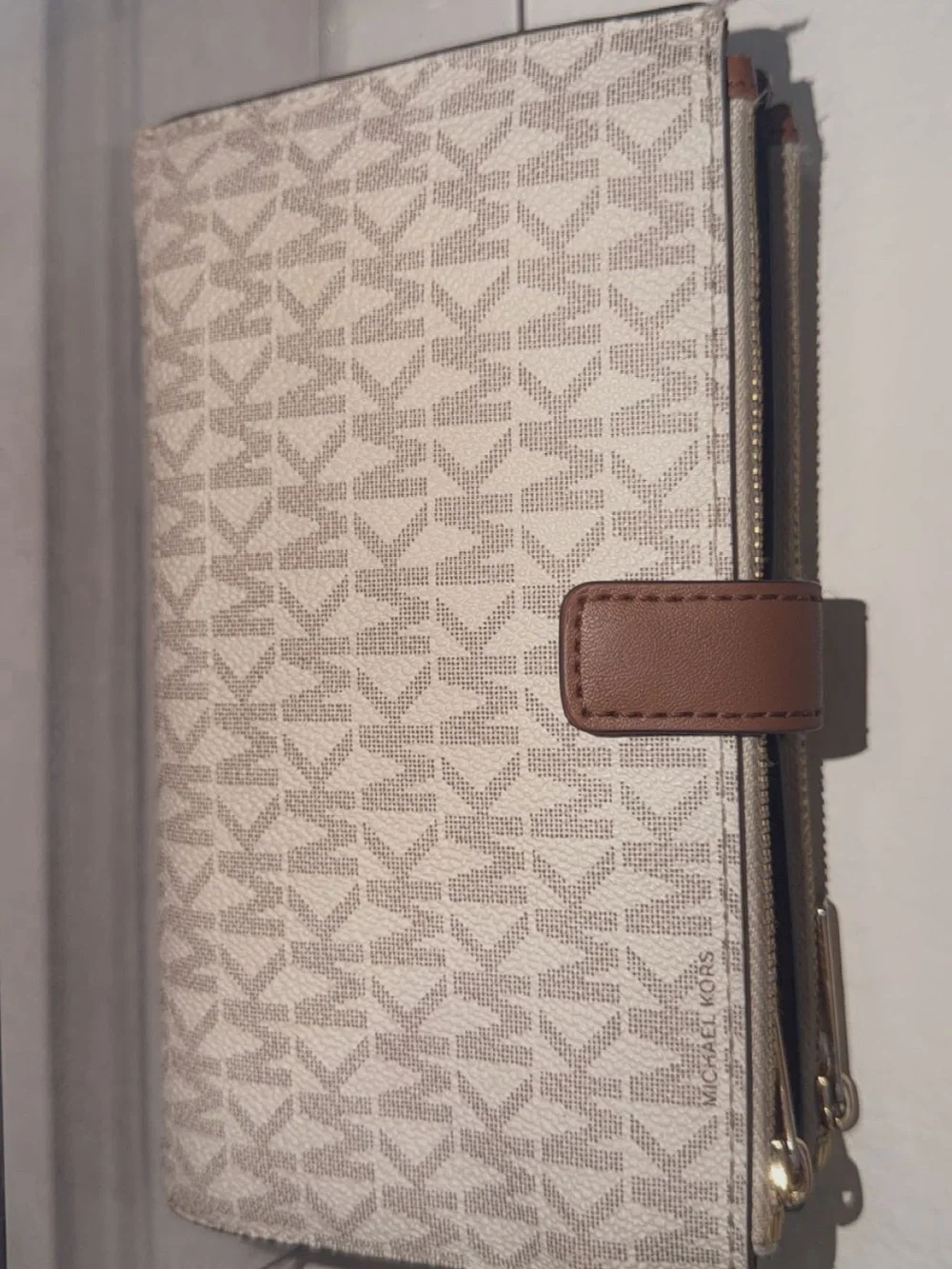 Michael Kors Beige Logo Zip-Around Wallet with Gold Hardware